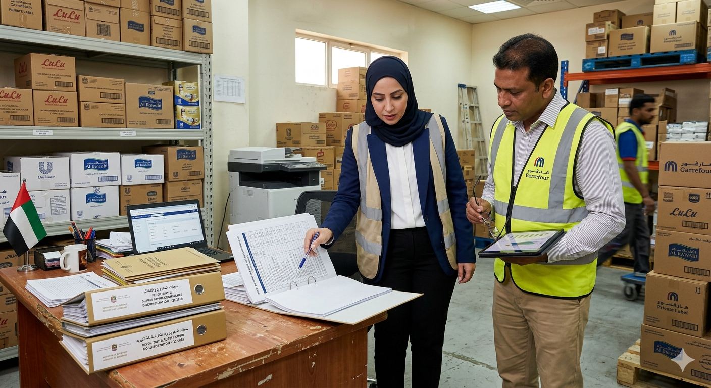 مستشار وعميل يراجعان امتثال سلسلة الإمداد في مكاتب تجزئة بالإمارات