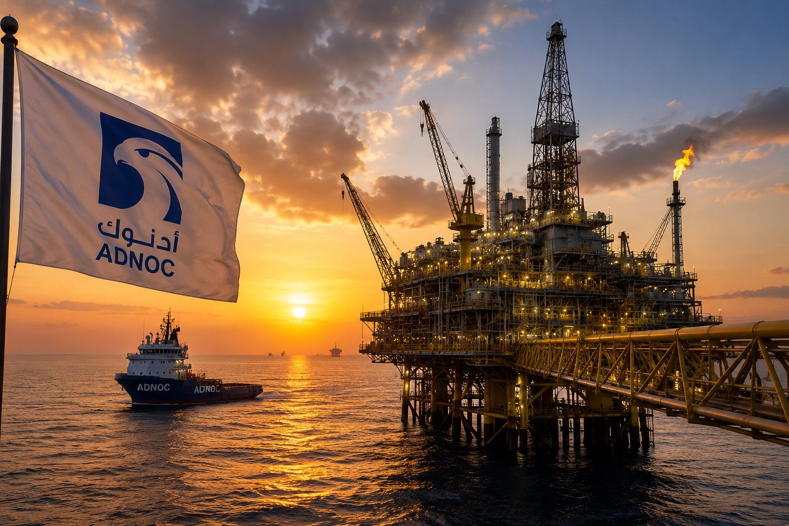 Offshore oil platform at sunset representing ADNOC vendor work