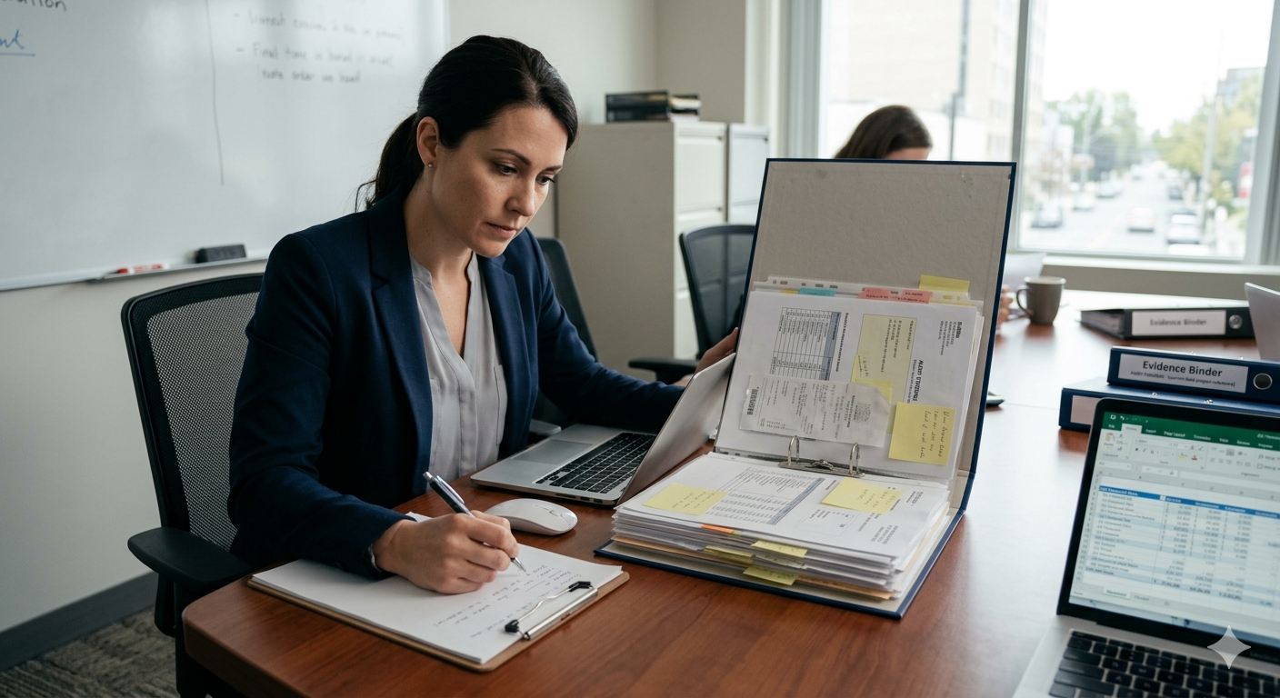Lead auditor reviewing an evidence pack with a client team