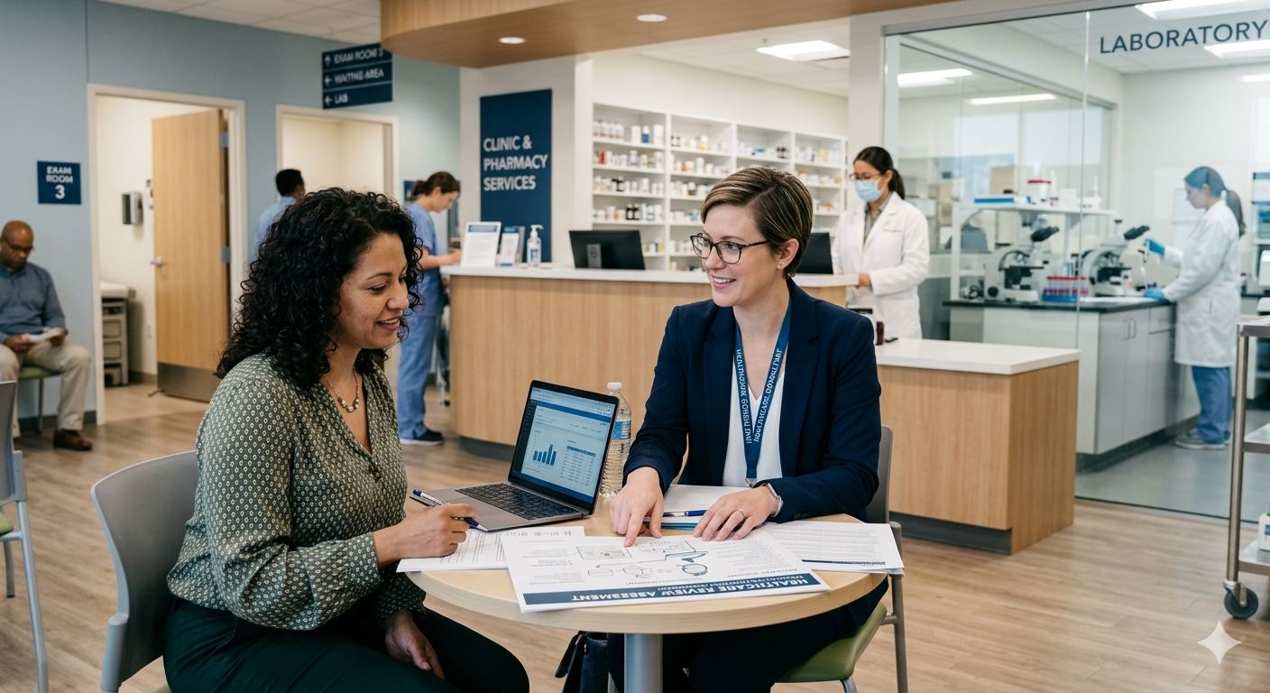 Consultant and client reviewing patient-safety standards at a UAE clinic
