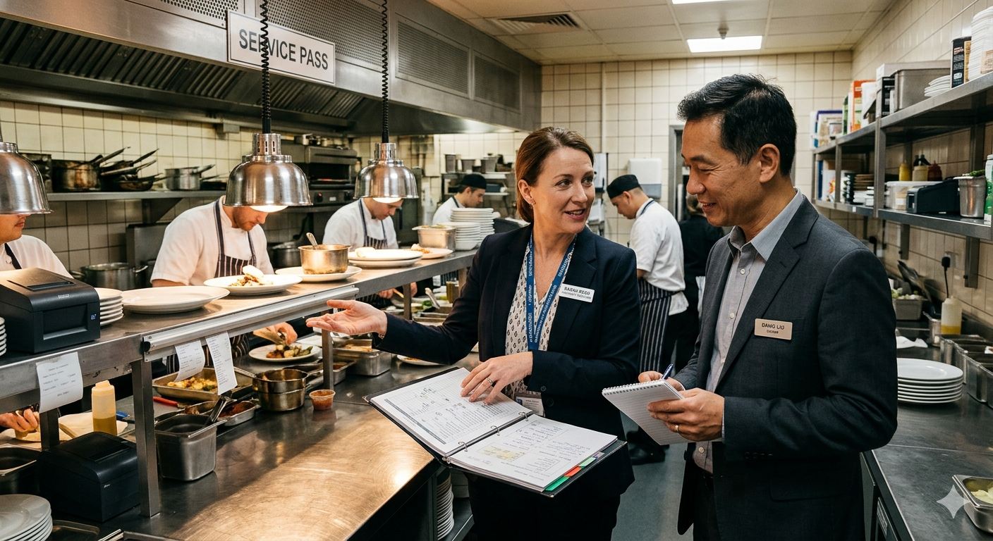 Consultant and operations manager reviewing standards in a UAE hotel back-of-house