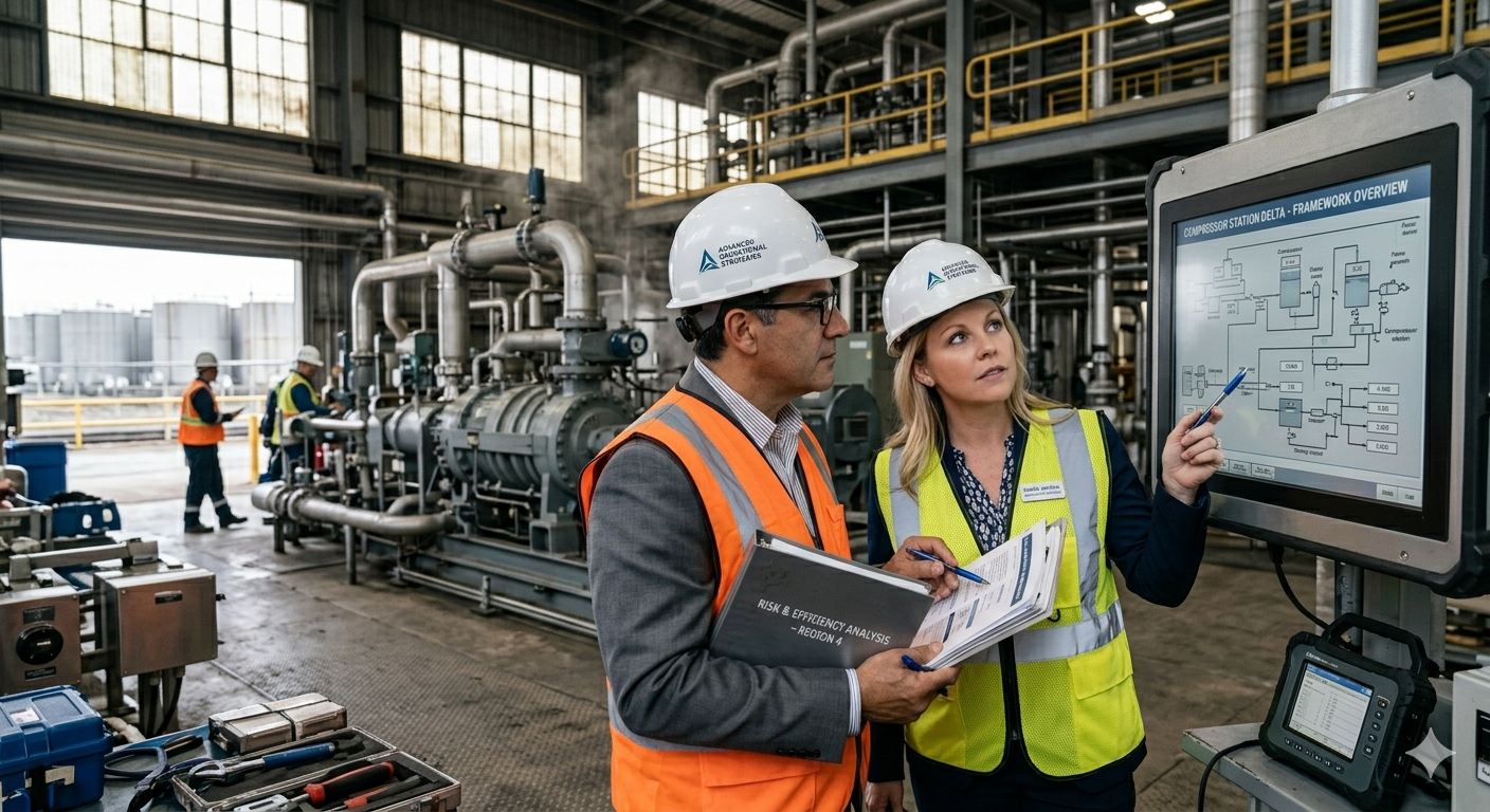 Consultant and client in safety gear at a UAE oil and gas operations area